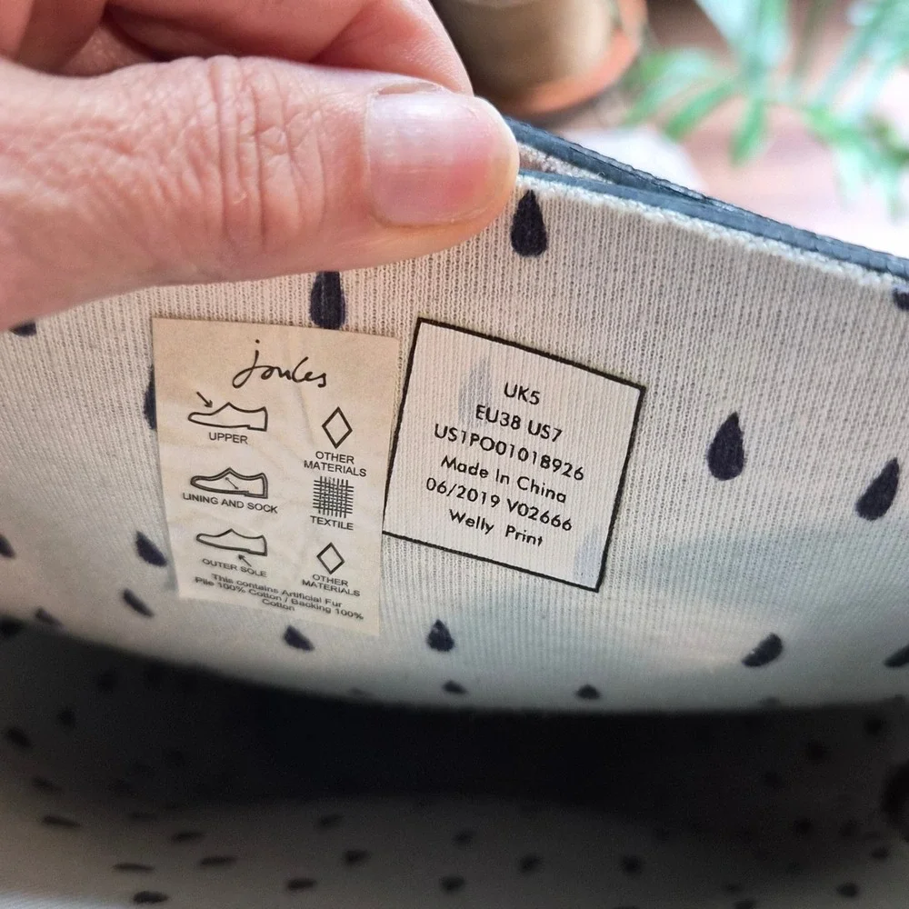 Joules Welly Print Rain Boots Navy Blue Raindrop Tall Waterproof Womens Size 7